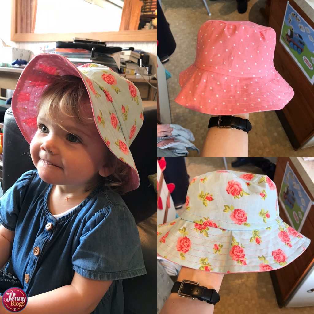 Sandcastle Bucket Hat Made By Jack's Mum - a collage of pictures showing the finished hat - both inside and outside and my daughter wearing it