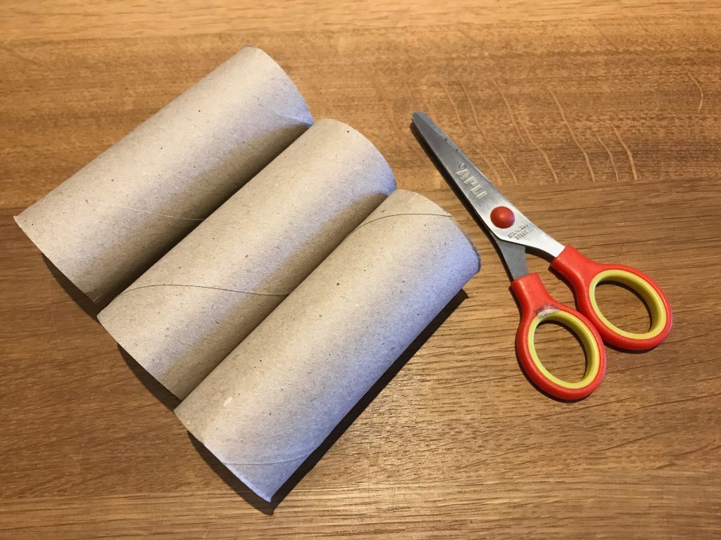 Three toilet roll tubes and a pair of scissors